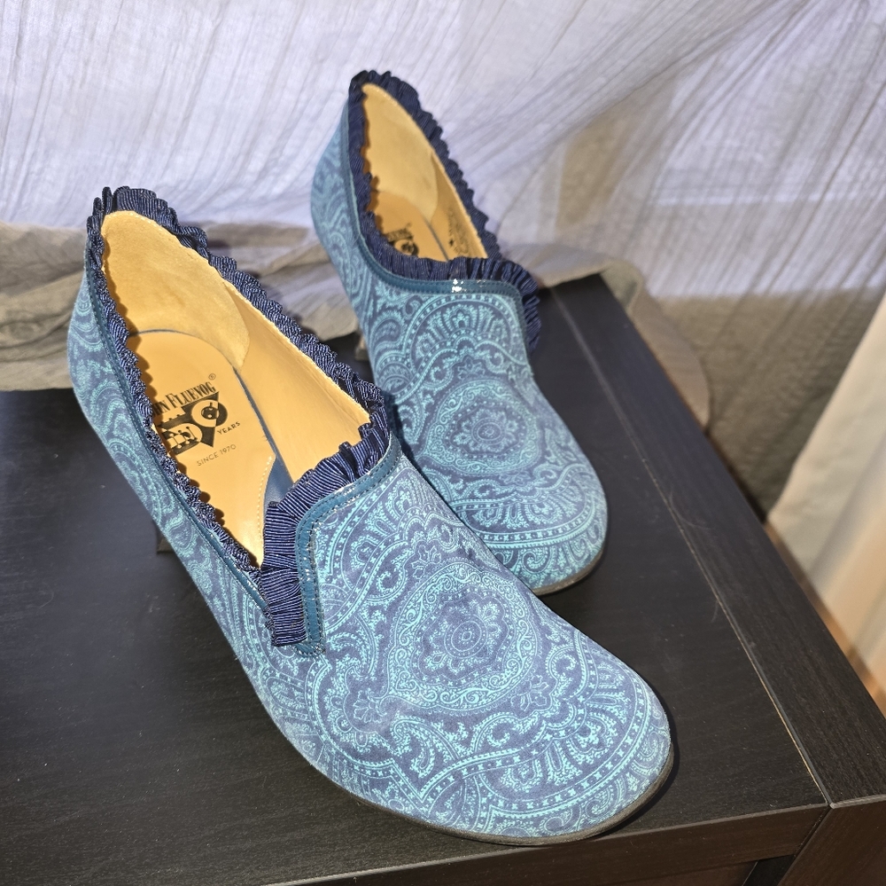 John Fluevog Blue Heels with Intricate Patterns